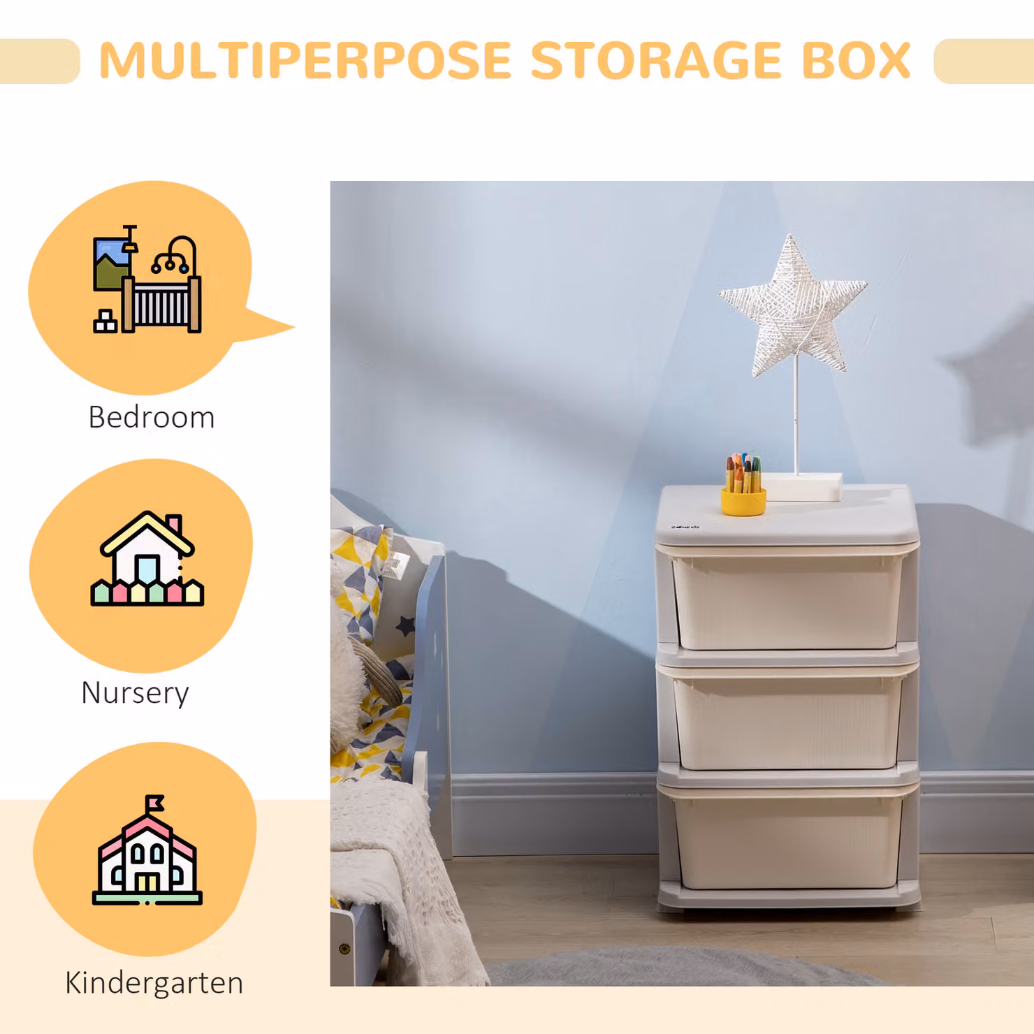 HOMCOM 3-Tier White Toy Storage Box with Removable Plastic Bins for Childrens Bedrooms and Playrooms – 3