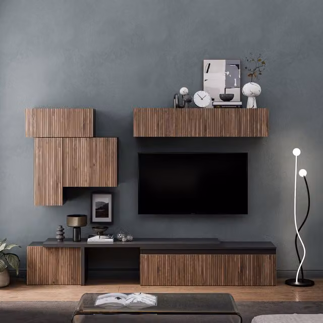 Decorotika Arles Wall Mounted Modern Entertainment Center in Black and White Glossy Striped Finish