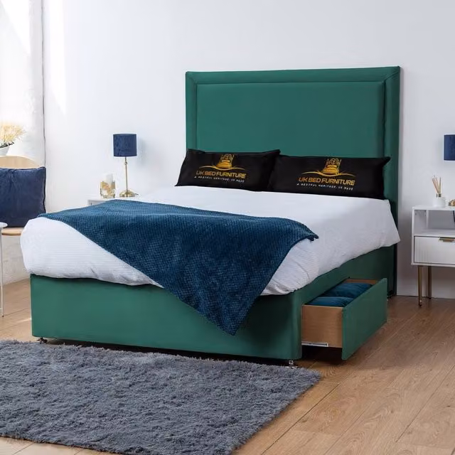 UK Bed Furniture Ascot Divan Bed with 4 Drawers and 26 Inch Headboard in Green, Size: 180 x 200 cm