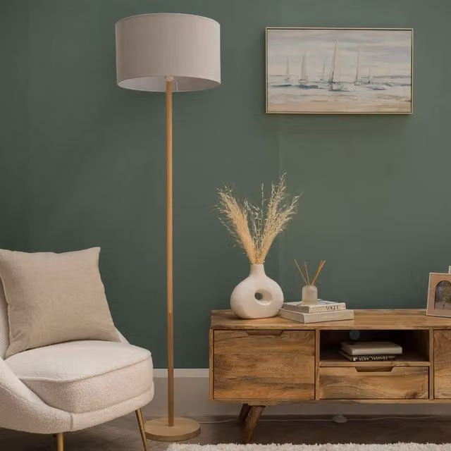 ValueLights Scandinavian Wood Floor Lamp with Grey Fabric Cylinder Shade – 1