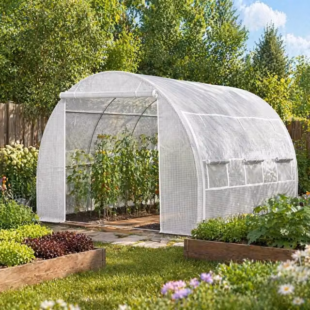 STILVORA White Polytunnel Greenhouse with Roll-Up Sides, W: 300 cm, D: 300 cm, H: 200 cm