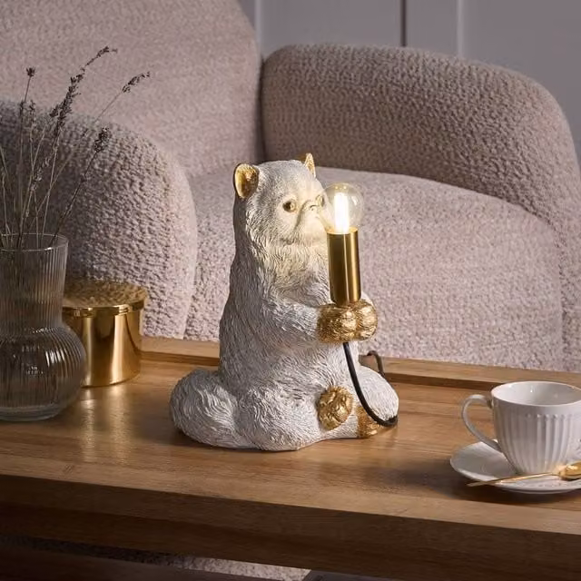 Wyld and Coco White Polyresin Cat Table Lamp with Gold Accents