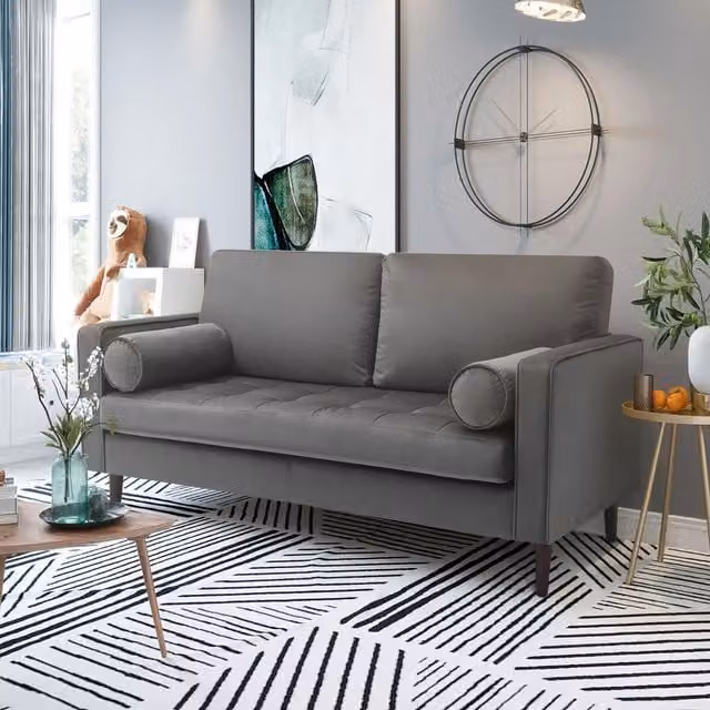 Livingandhome Two-Seat Modern Velvet Upholstered Sofa in Grey with Scatter Cushions