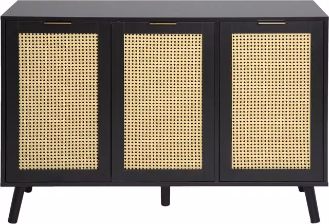 Craven 3 Door Black Lacquered Cane Cabinet with Mid-Century Geometric Design