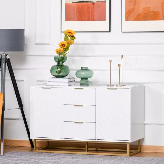 HOMCOM Modern White and Gold Storage Cabinet with 3 Drawers – 1