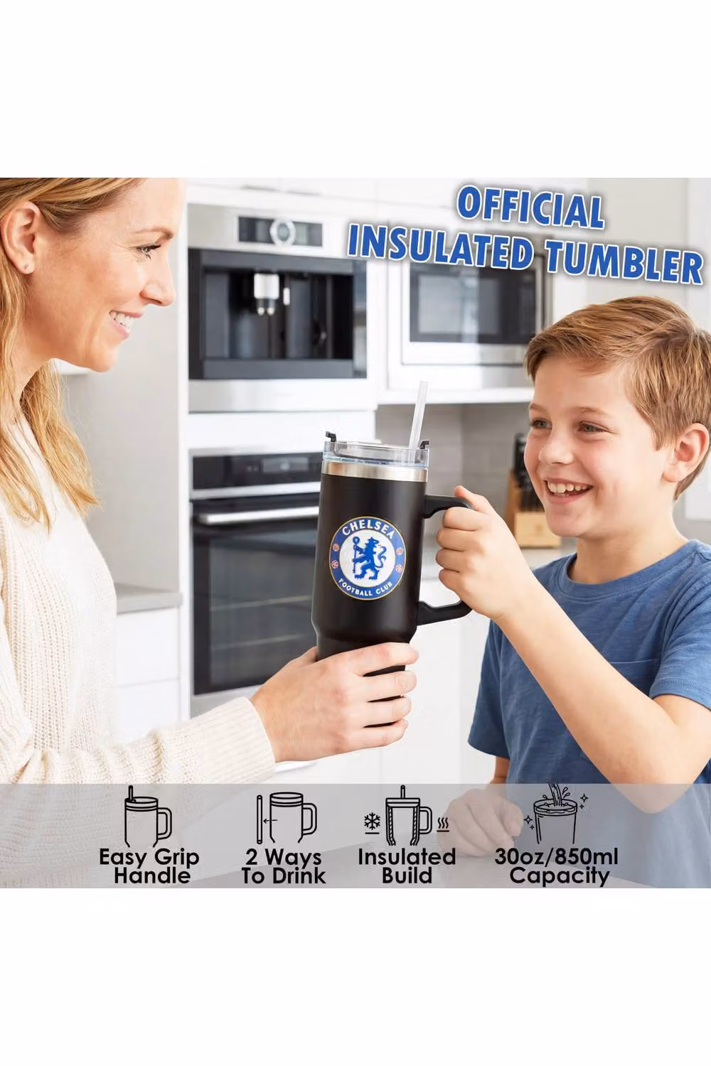Get Trend Chelsea FC Insulated Stainless Steel Tumbler with Straw and Handle, Black, 850ml – 7