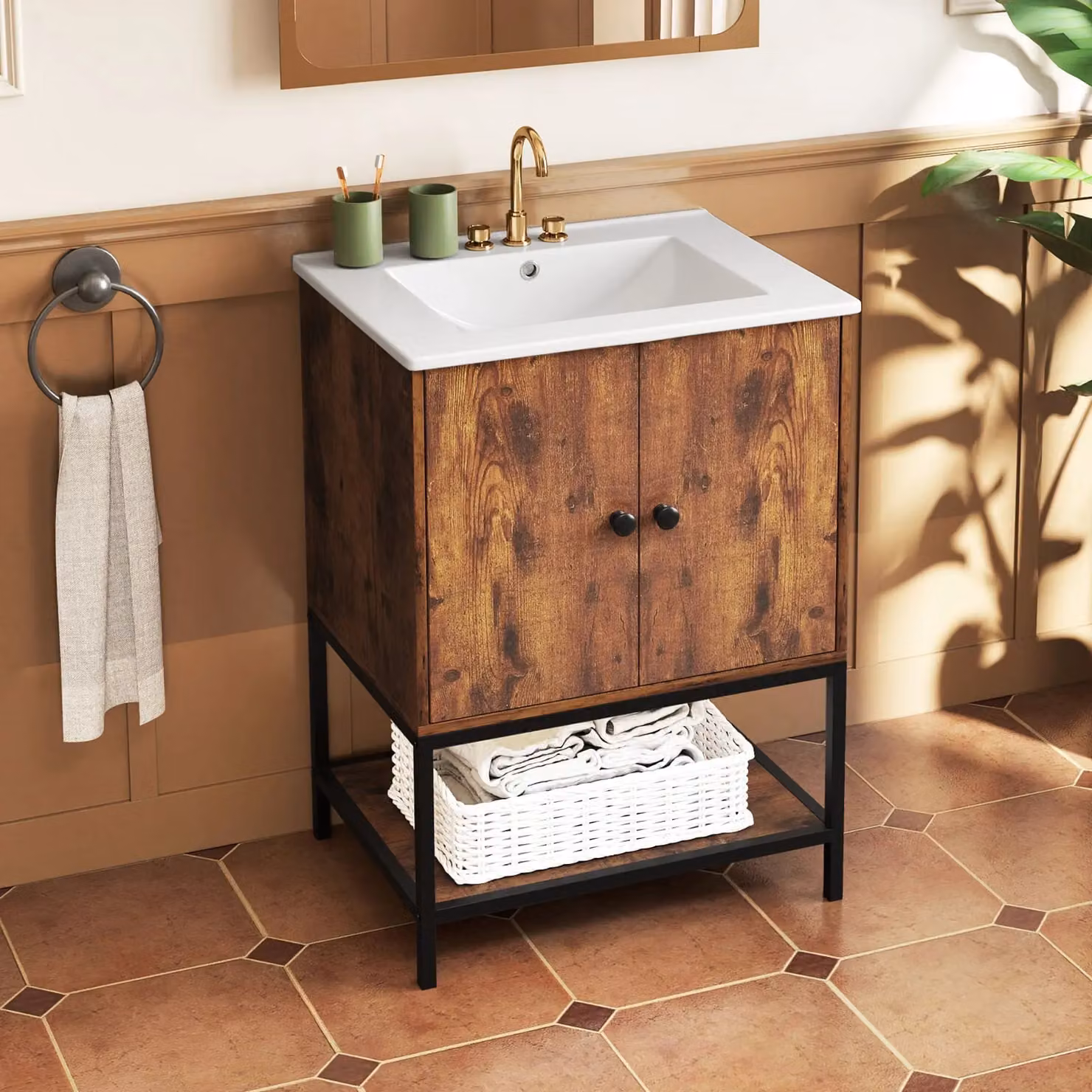 Costway Brown Under Sink Bathroom Vanity Unit with Soft Close Hinged Doors and Open Shelf – 3