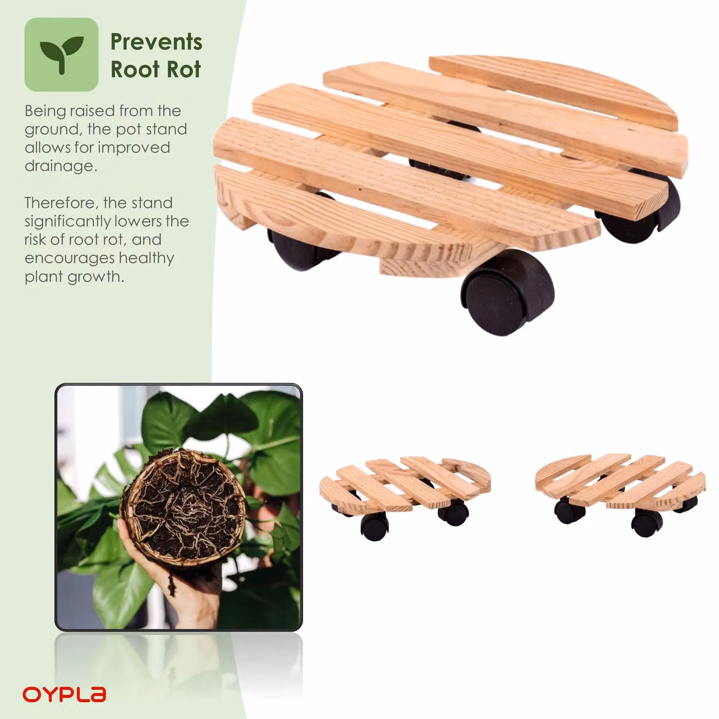 Oypla Set of 2 Wooden Plant Pot Mover Stands in Brown – 4