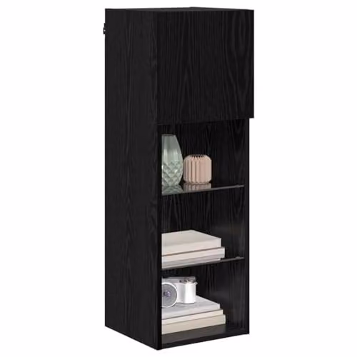 vidaXL Set of 2 Modern Wall-Mounted TV Cabinets in Black Oak with Integrated Lighting and Glass Doors – 1