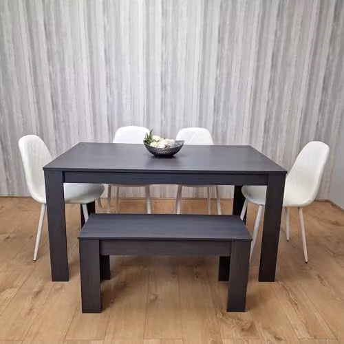 KOSY KOALA Grey Dining Set with Rectangular Table, 4 White Diamond Stitched Chairs and 1 Bench