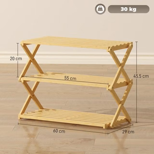 HOMCOM 3-Tier Folding Bamboo Shoe Rack in Brown and Beige