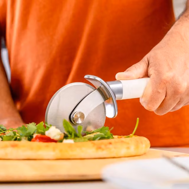 KitchenAid White Stainless Steel Pizza Cutter with Ergonomic Handle and Finger Guard