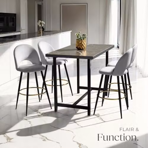 tectake Set of 2 Rachel Bar Stools with Velvet-Look Fabric and Steel Legs in Grey and Black – 2