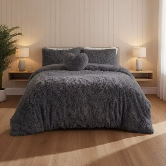 Snug City Super Fluffy Grey Duvet Cover and Pillowcase Set, King Size, W: 180 cm x D: 200 cm