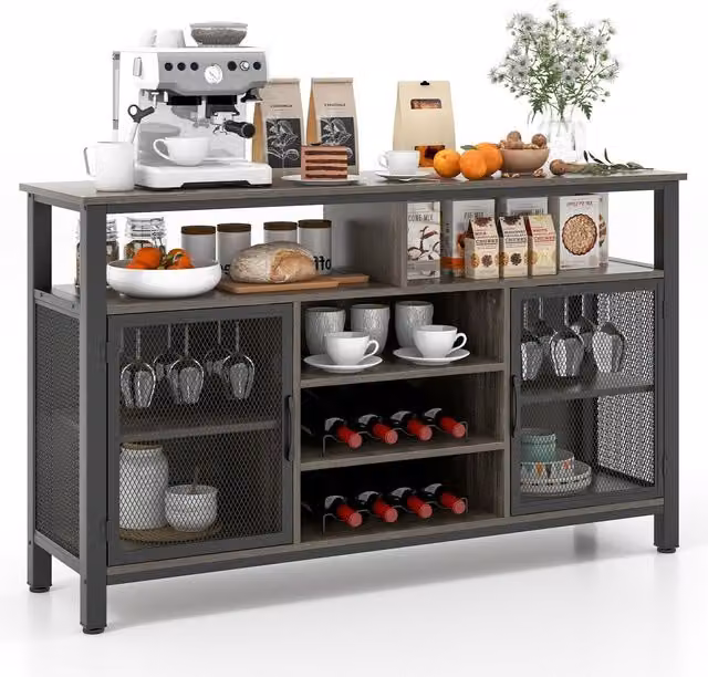 Costway Industrial Wine Bar Cabinet Grey Buffet Sideboard with 8-Bottle Wine Racks, W: 140 cm, H: 84 cm – 1