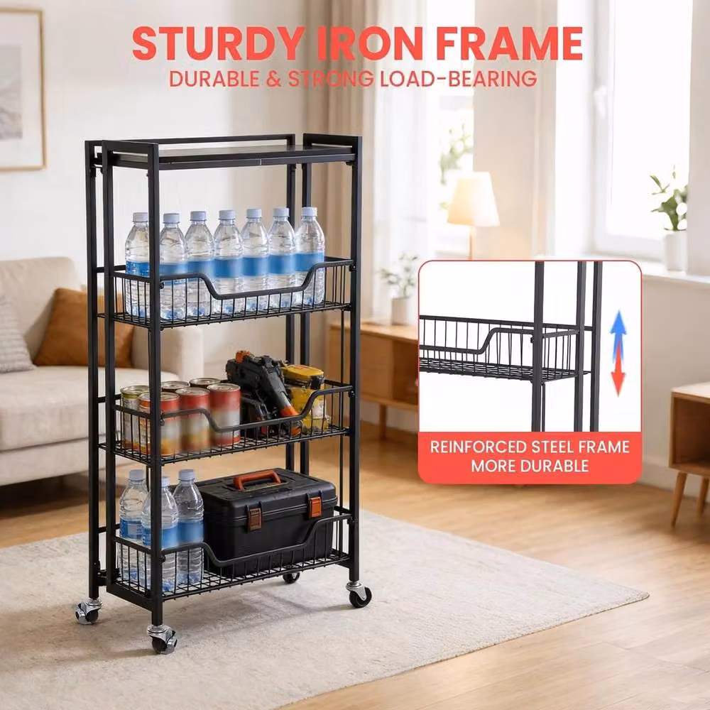 VOGREX 4 Tier Foldable Kitchen Trolley on Wheels in Matt Black – 5
