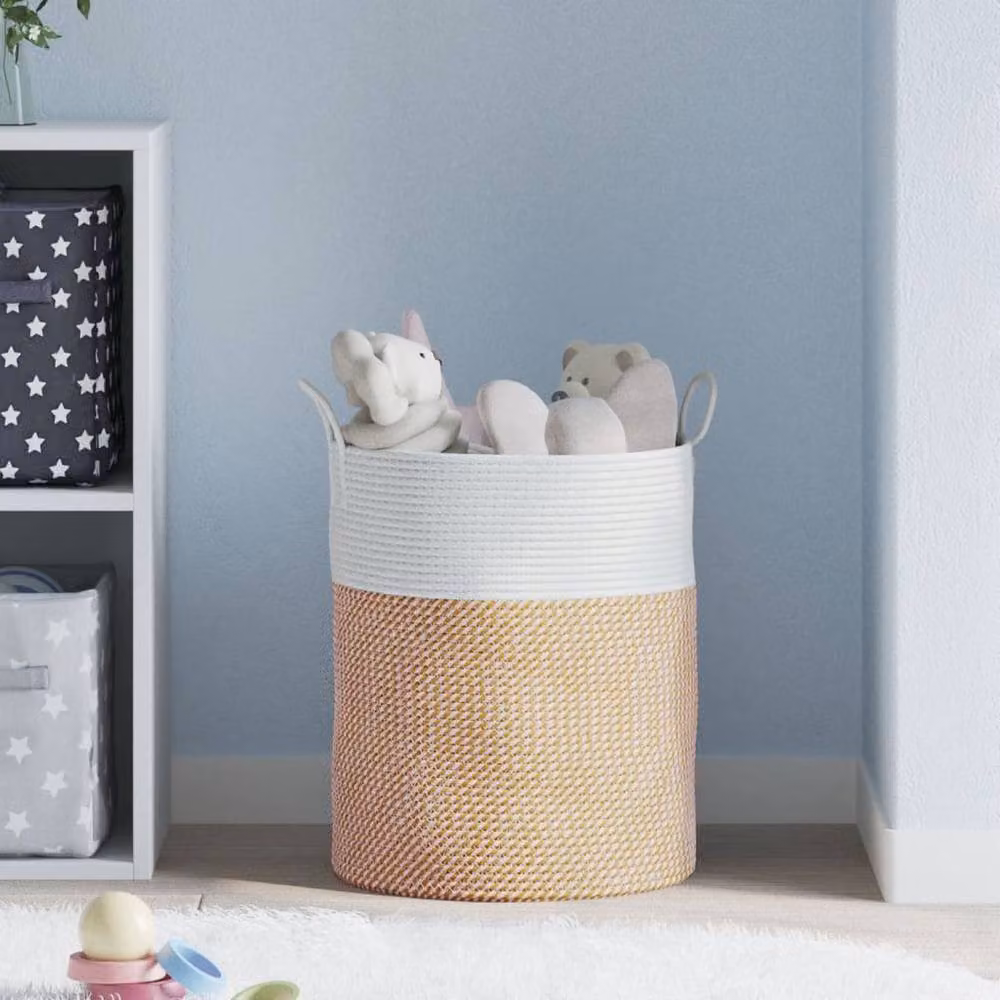 Berkfield Brown and White Open Weave Cotton Storage Basket with Handles, W: 38 cm, H: 46 cm – 2