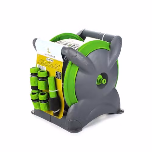 Voltico Green Garden Hose Reel Set with Stand, Wall Mount Bracket, Pattern Spray Gun and Tap Adapters, 20m