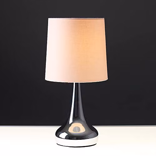 ValueLights Set of 2 Modern Teardrop Touch Table Lamps with Baby Pink Fabric Shades and Brushed Chrome Finish, Including Warm White LED Bulbs – 2