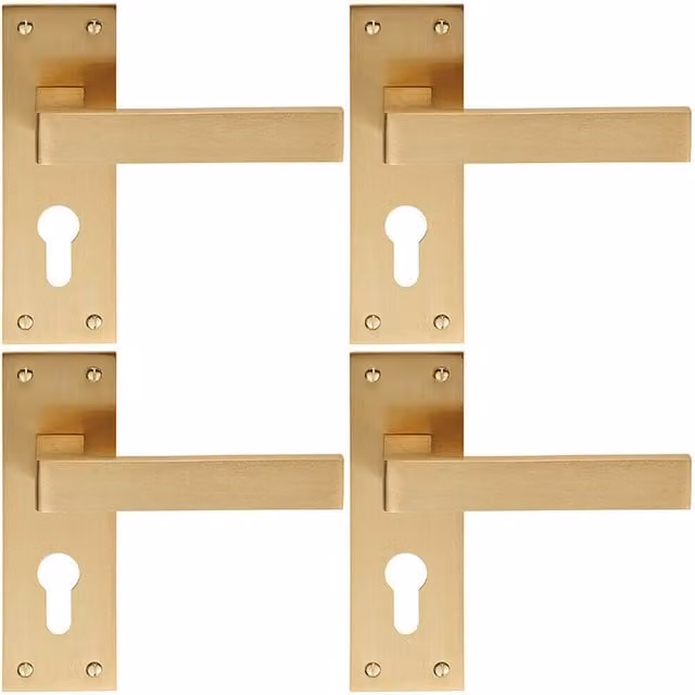 Loops 4x Pair Straight Square Handle on Euro Lock Backplate in Satin Brass, W: 150 mm, H: 50 mm