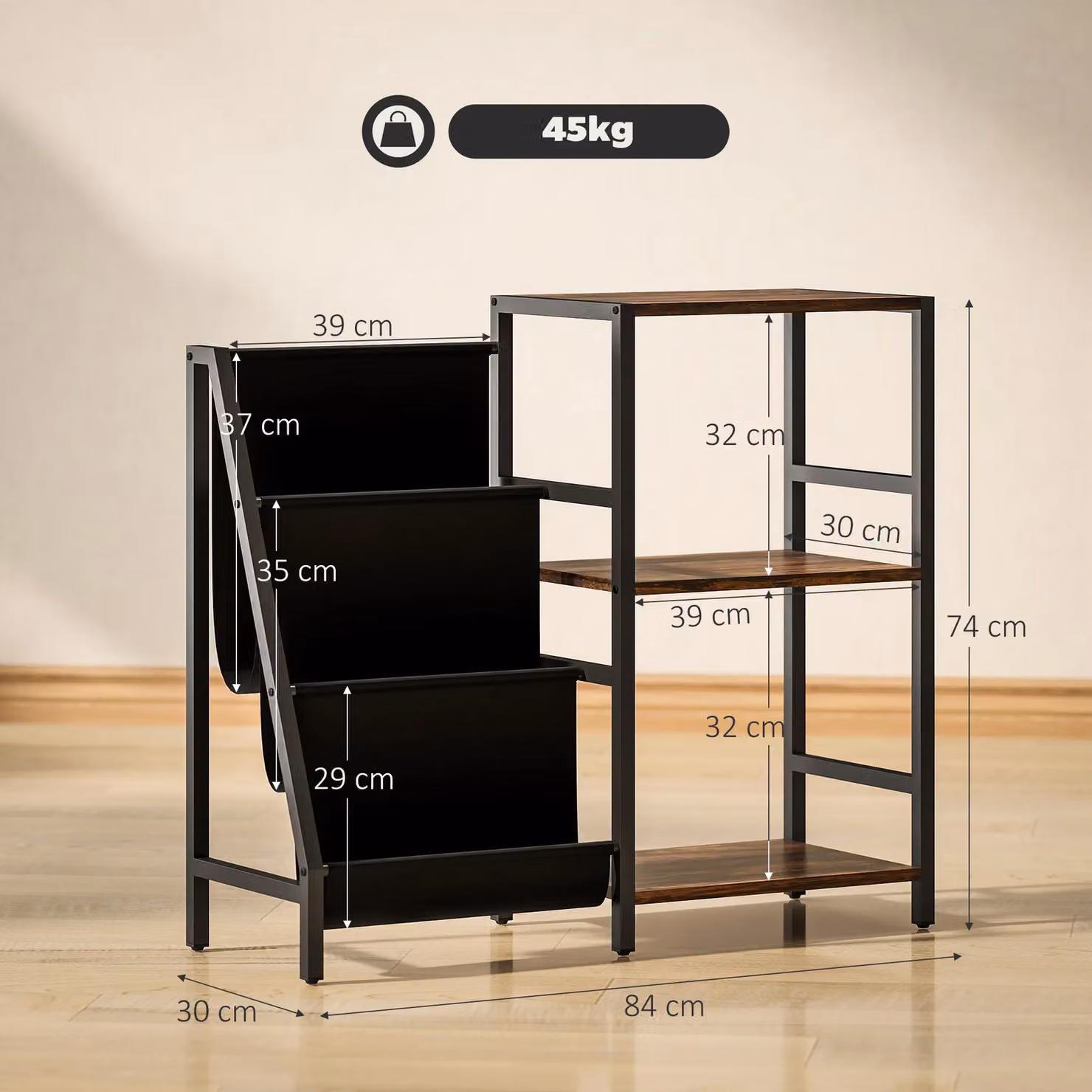 HOMCOM 3-Tier Industrial Record Player Stand and Vinyl Storage Side Table in Brown – 3