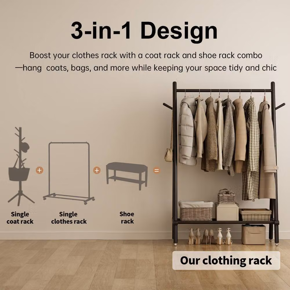YQJJGL Stylish Mobile Rolling Clothes Rack with Hanging Rod and Storage Shelves in Black – 3