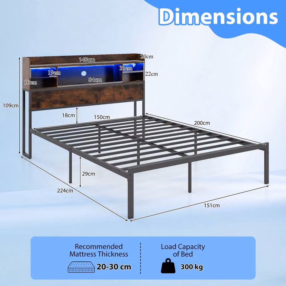 Costway King Size Metal Bed Frame in Brown with LED Lights, USB Charging Port and Side Compartments, W/D/H: 180 x 200 cm – 2
