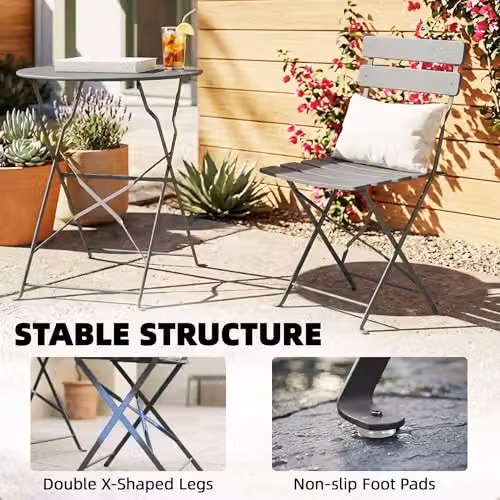 Outsunny 3 Piece Folding Bistro Set with Round Metal Garden Table and Chairs in Grey – 6