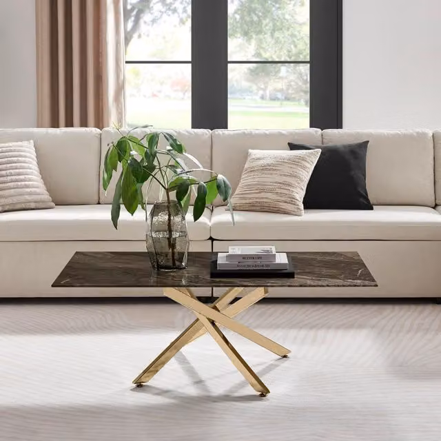 FurnitureboxUK Leonardo Rectangular Marble Effect Glass Top Coffee Table with Gold Metal Starburst Legs in Grey – 1