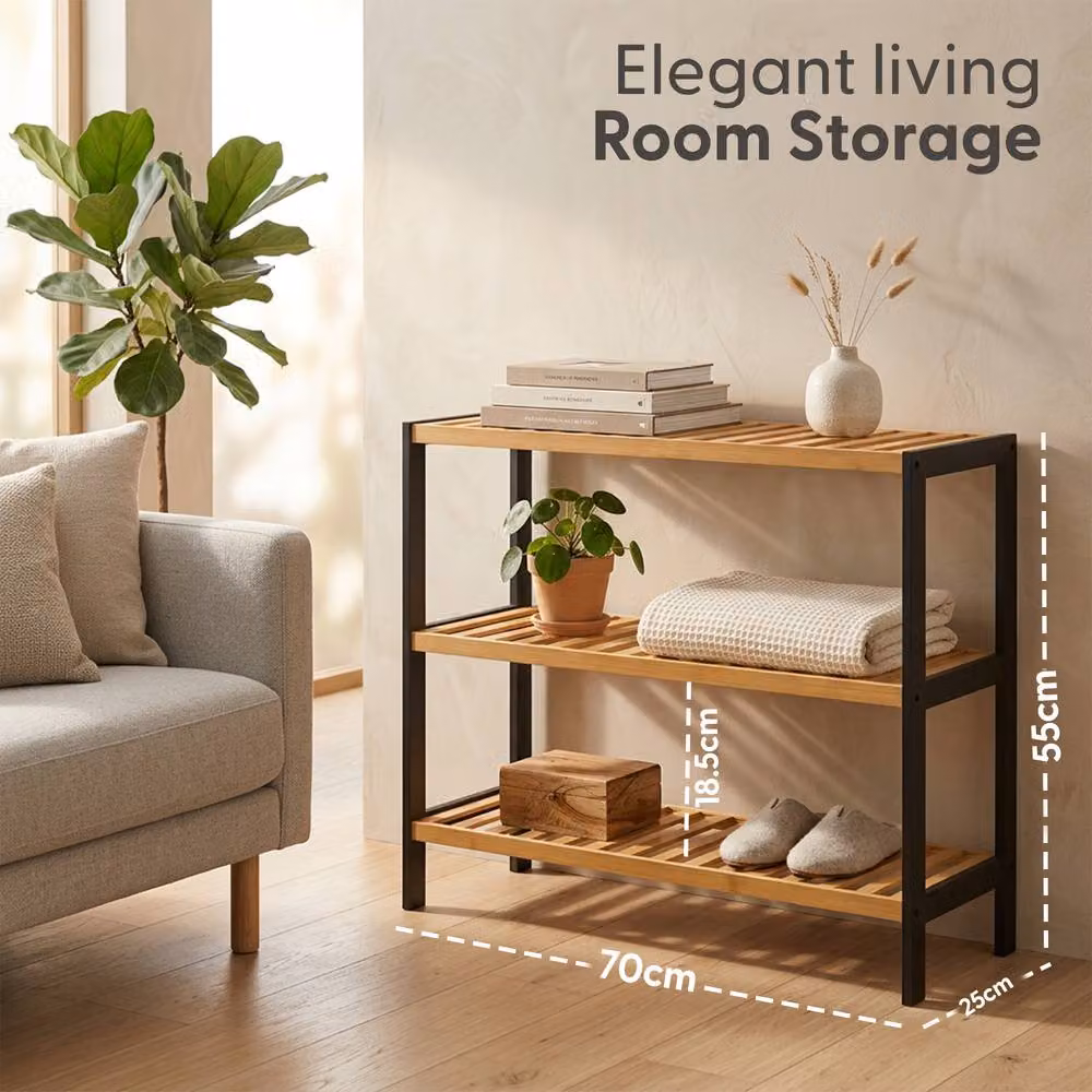 Keplin 3-Tier Bamboo Shoe Rack in Natural Wood for Hallway Storage, W/D/H: 70.0 x 55.0 x 55.0 cm – 2
