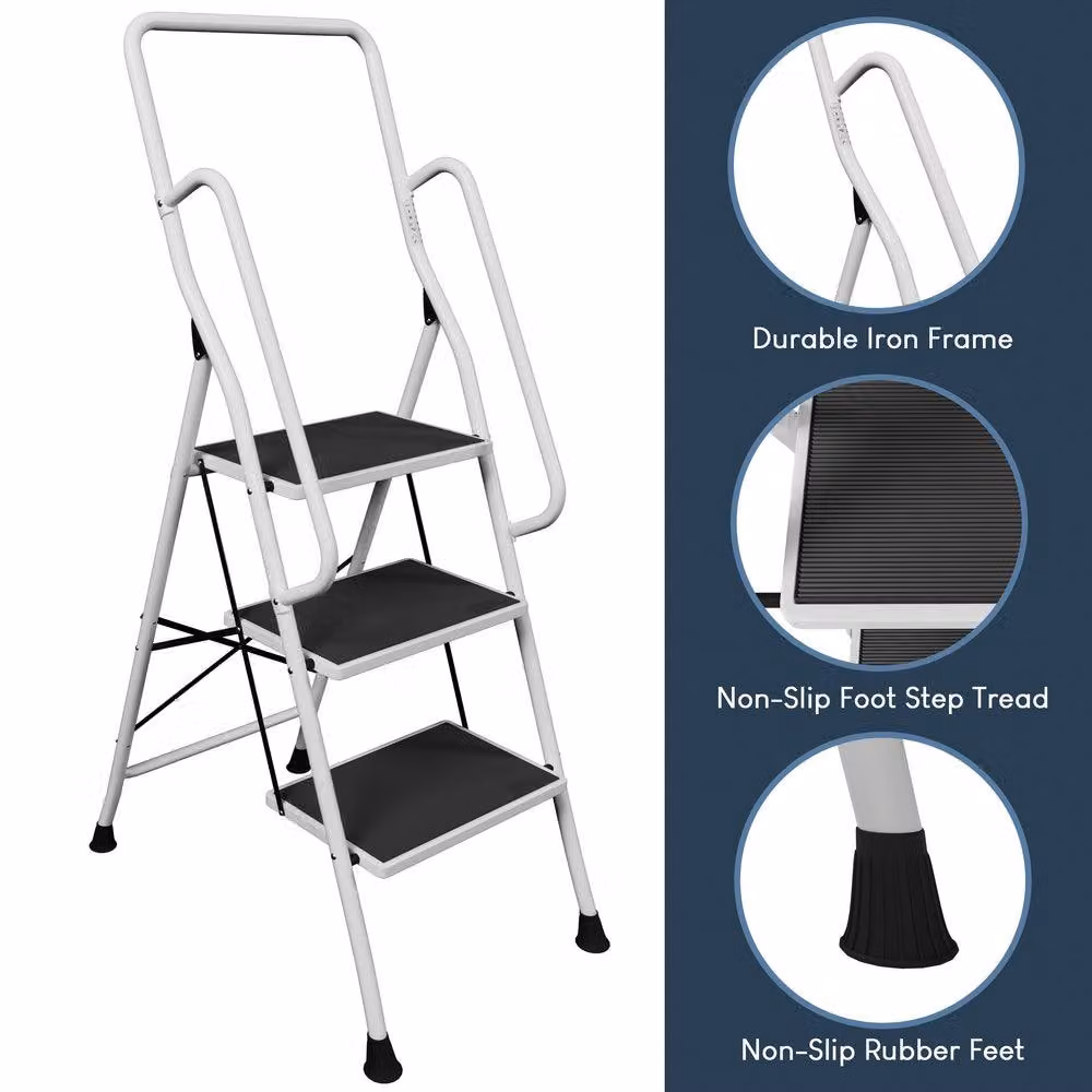 HD Designs Home Vida Foldable 3 Step Ladder with Handrail in White – 3