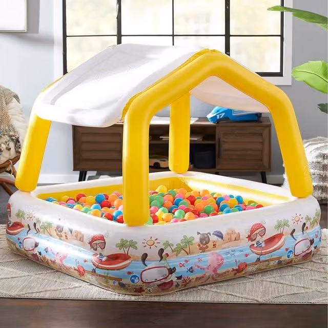 Intex Inflatable Rectangular Childrens Pool with Canopy in White and Multicolour