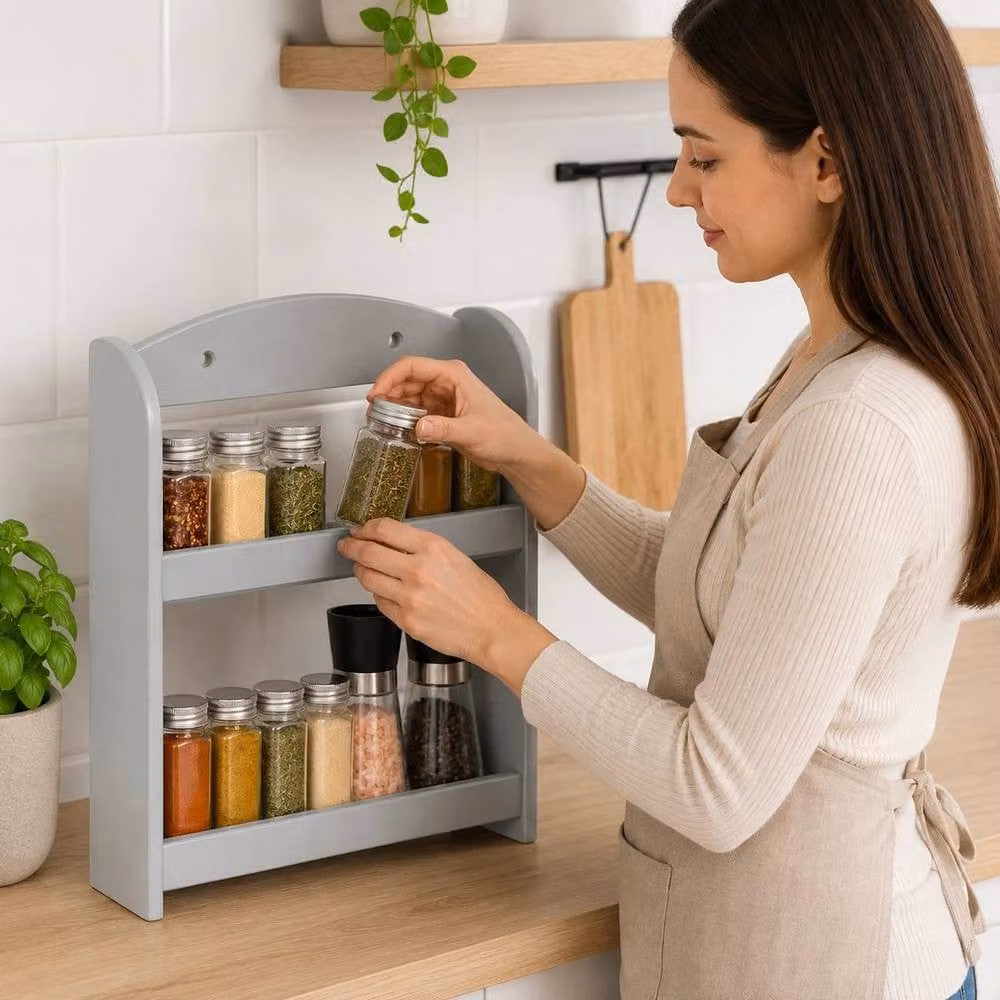 FORGEVIO 2 Tier Grey Wooden Spice Rack Kitchen Countertop Storage – 3