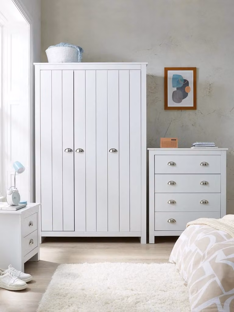 Atlanta 3 Piece Kids Bedroom Set in White Glossy Engineered Wood featuring Wardrobe and 4+2 Drawer Chests