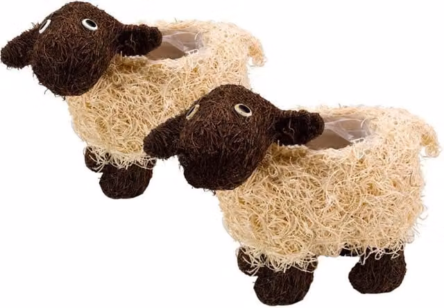 Marco Paul Pack of 2 White Rattan Sheep Garden Planters in Beige, Diameter: 26 cm