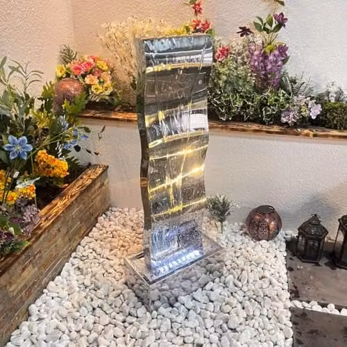 Tranquility Small Stainless Steel Wave Indoor Water Column Fountain with LED Light in Silver and Natural, H 104 cm x W 38 cm x D 38 cm
