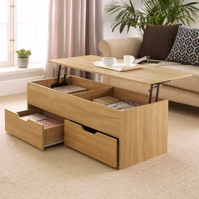 Home Source Modern Rectangular Wooden Coffee Table with Lift Up Top and 2 Storage Drawers in Light Oak