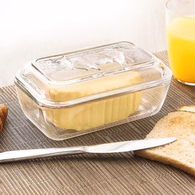 Luminarc Large Embossed Cow Glass Butter Dish with Lid, Transparent, Set of 2