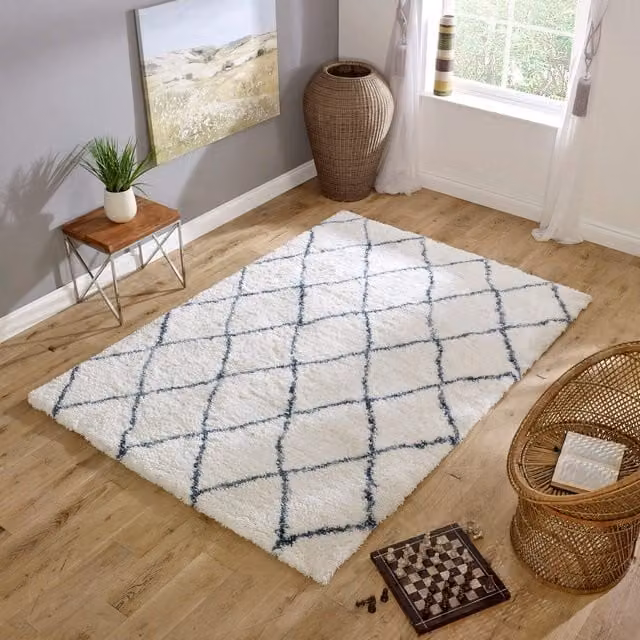 Asiatic Carpets Alto AL03 Moroccan Berber Shaggy Area Rug, Ivory and Blue, W: 170 cm, Pile Height: 50 mm