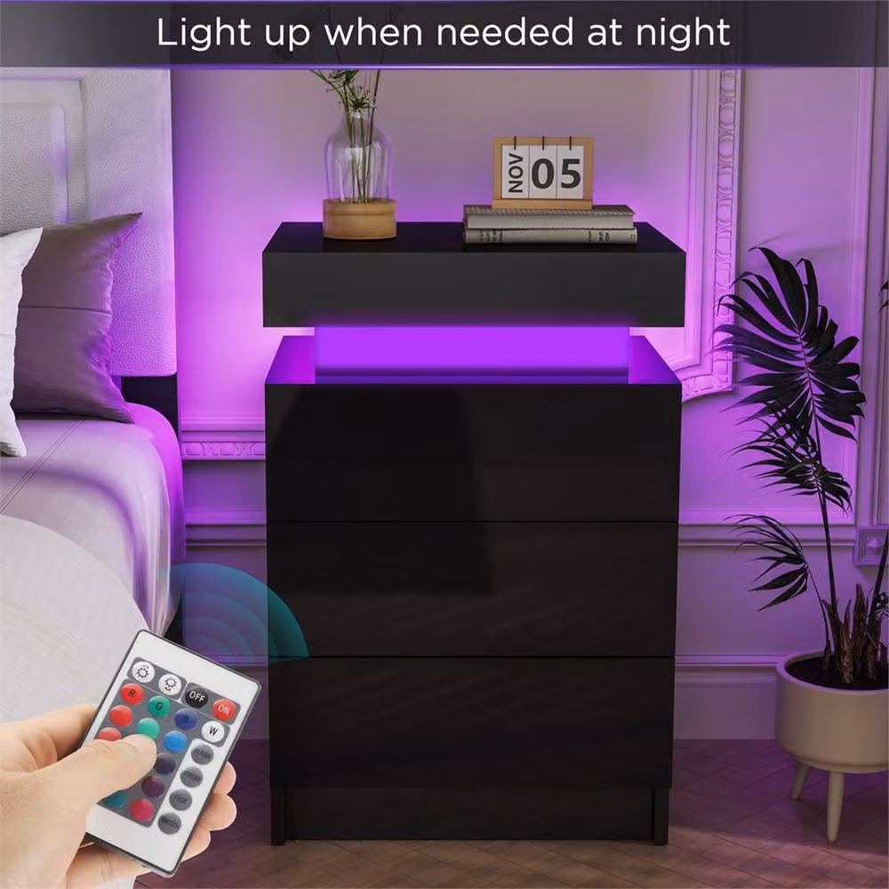 Nordara Black 3-Drawer High Gloss LED Bedside Table in Black – 4