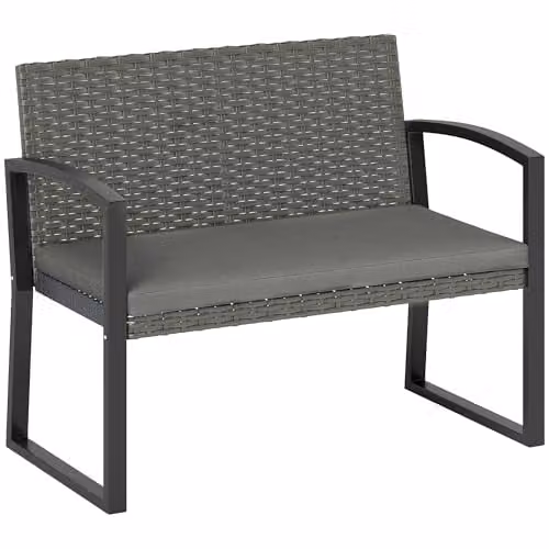 Outsunny 2 Seater Rattan Garden Bench with Cushion and Metal Frame, Grey