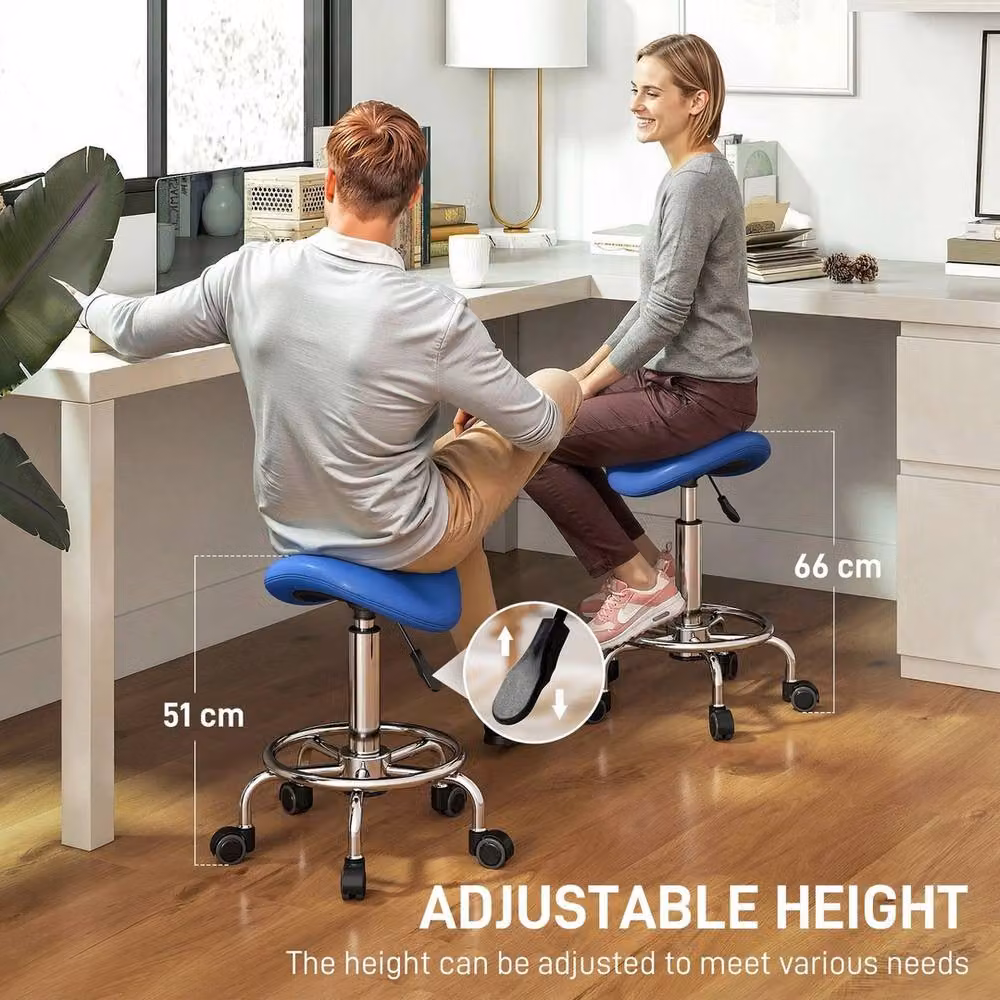 EONLION Rolling Salon Stool in Blue with Castors and Synthetic Leather Seat – 4