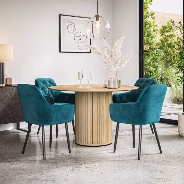 More4Homes Arlo Oak Round Dining Table and Anika Blue Velvet Dining Chairs Set of 4, W/D/H: 120 x 120 x 75 cm – 1