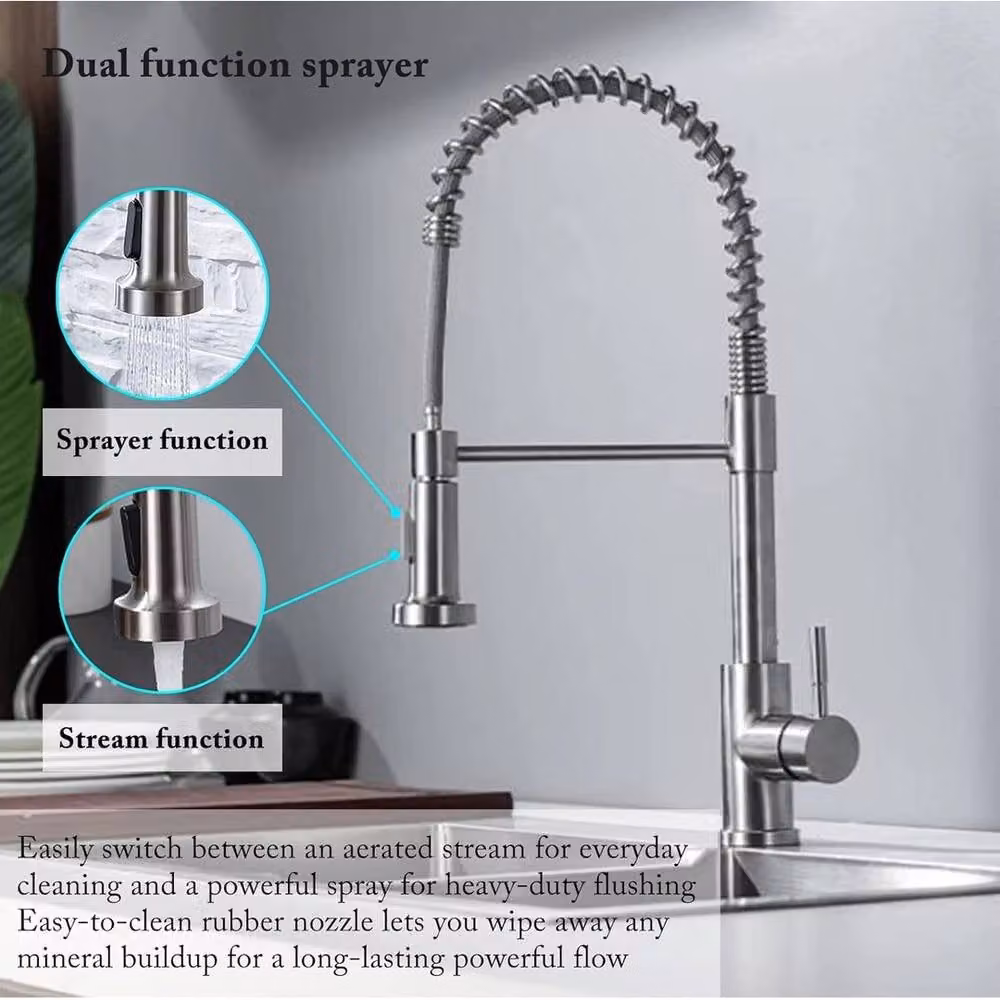 KORVIXA Monobloc Pull Out Kitchen Mixer Tap in Silver Brushed Steel with Single Lever Control – 3