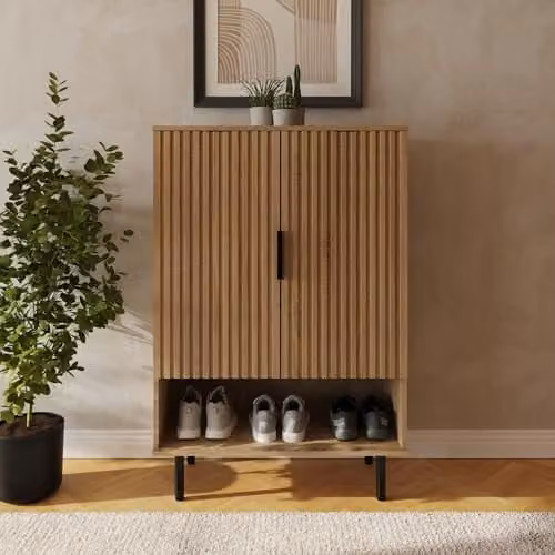 GFW Nervata Oak Multi Storage Cabinet with Ribbed Detailing and Open Shelving, W/D/H: 122 x 36 x 80 cm