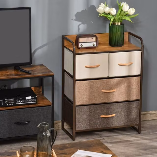 HOMCOM 4 Drawer Dresser Storage Tower with Steel Frame and Wood Top in Brown