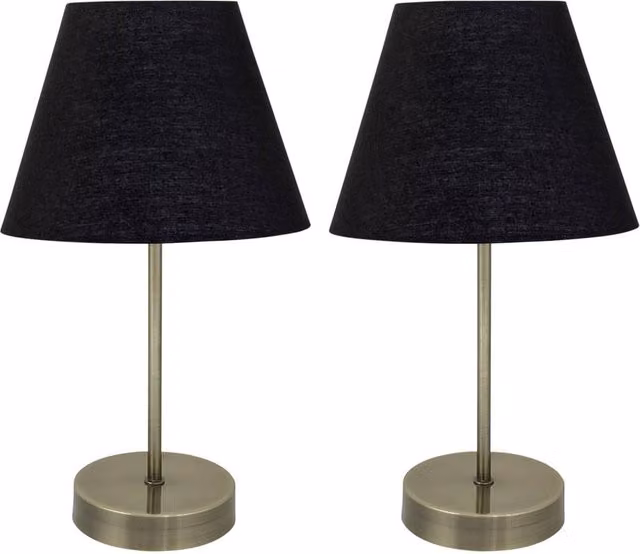 First Choice Lighting Set of 2 Antique Brass Stick Table Lamps with Black Fabric Shades – 1