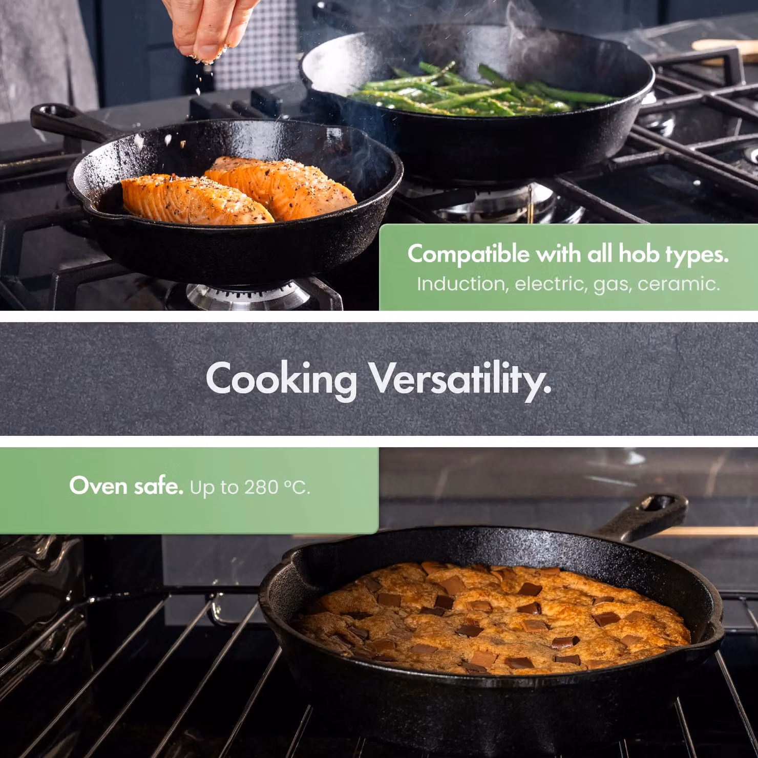 VonShef 3-Piece Pre-Seasoned Non-Stick Cast Iron Skillet Pan Set in Black, Diameter: 15 cm, 20 cm, 25 cm – 4
