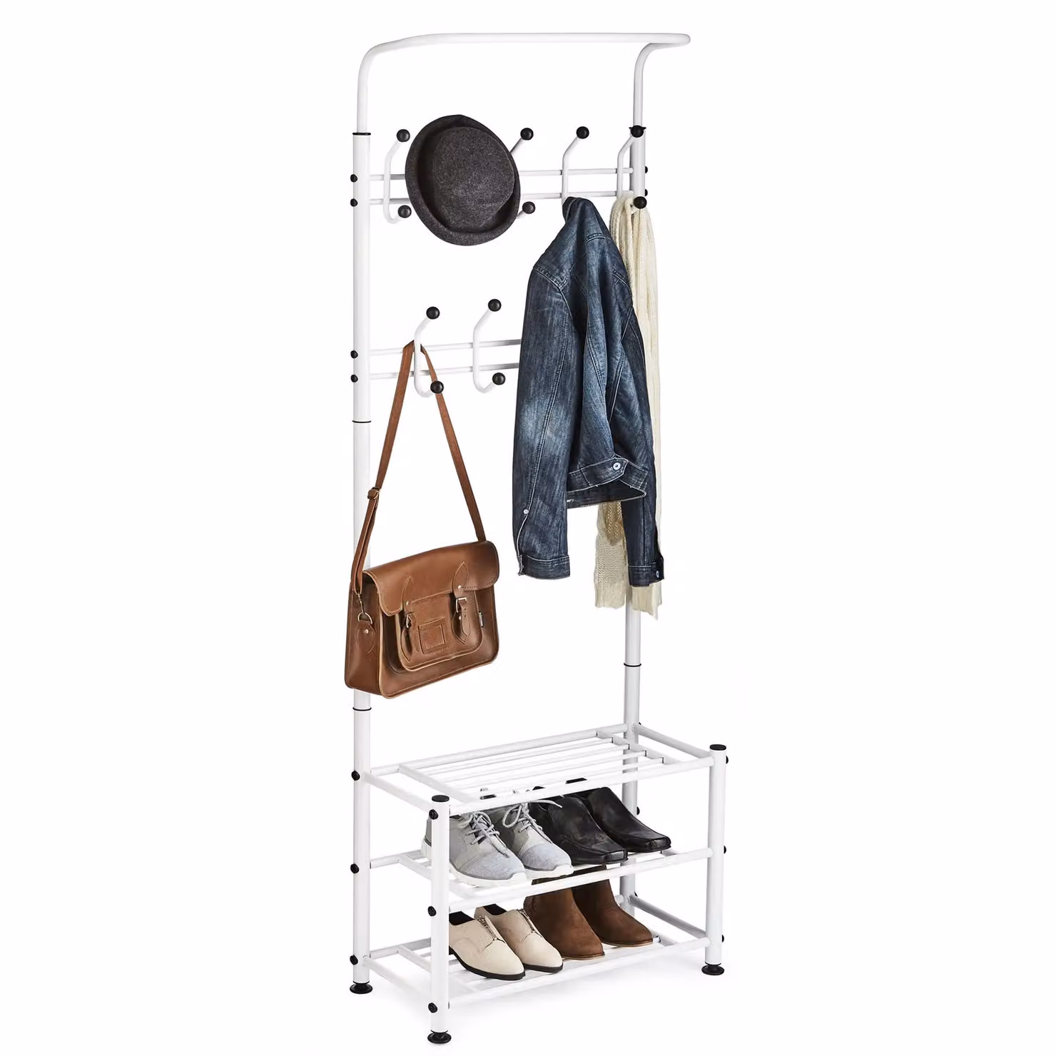 House of Home Multi Purpose Hallway Clothes Stand with 18 Hooks and 2 Shoe Shelves in White – 2