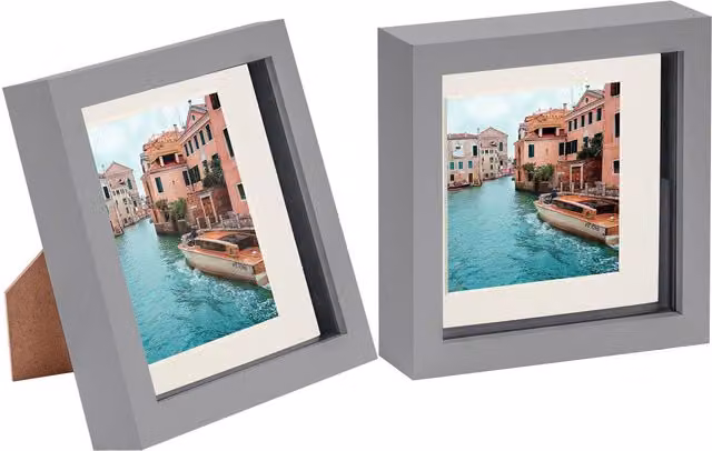 Nicola Spring Pack of 2 Square 3D Box Photo Frames in Grey and Yellow with 4 x 4 inch Mounts